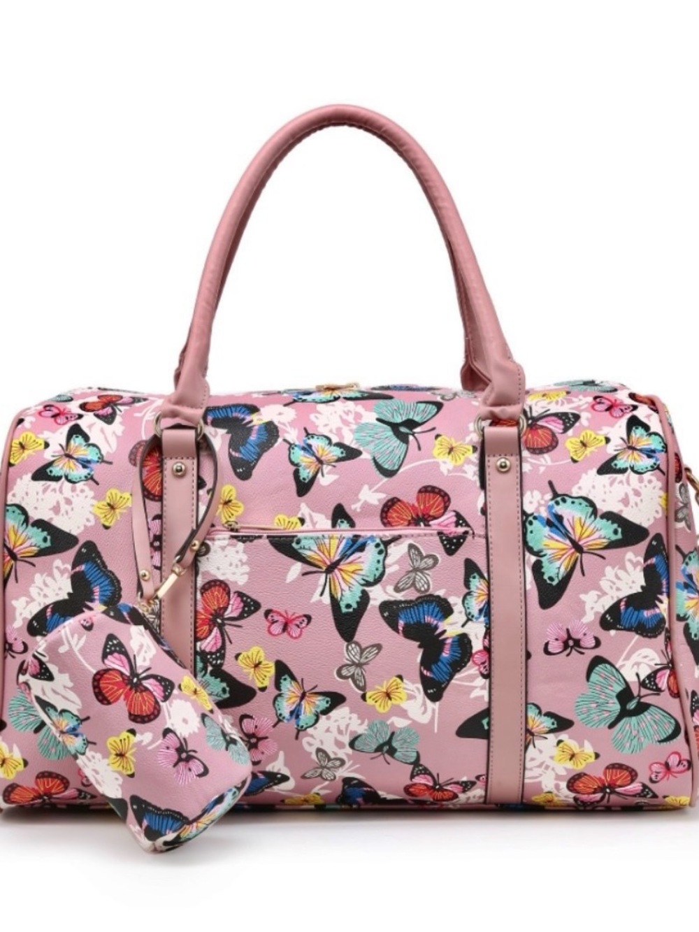 Women’s 2pc Pink Butterfly Print Weekender Bag w/Makeup Case